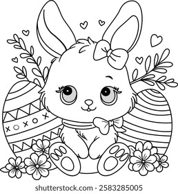 Cute easter bunny and easter egg coloring page for printable