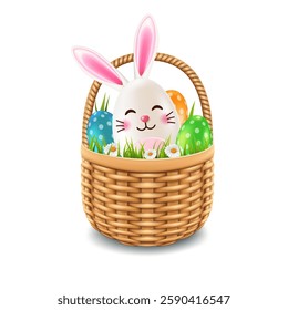 Cute Easter bunny egg with ears and face in a basket, on a white background.