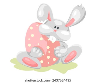 Cute Easter bunny with an egg. Festive spring clipart or sticker. Handdrawn vector illustration.