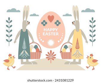 Cute Easter bunny and easter egg. Happy Easter card design, Easter egg card 
