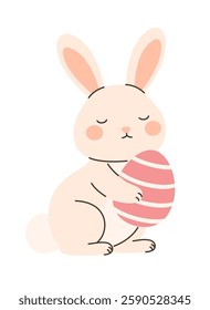Cute Easter bunny with an egg in his paws. Flat vector illustration.