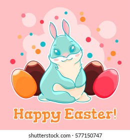 Cute Easter Bunny. Egg hunting. Spring holiday. Vector illustration. T-shirt print. Greeting card.