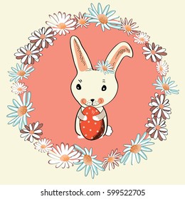 Cute Easter bunny with Easter egg in the middle of floral wreath. Vector illustration on light yellow background