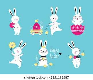 Cute Easter Bunny with Egg on Blue Background Vector Illustration Set