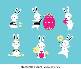 Cute Easter Bunny with Egg on Blue Background Vector Illustration Set