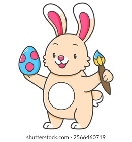 Cute Easter bunny with Easter egg and paint brush in cartoon style. Vector isolated on white illustration.