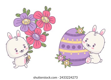 Cute Easter bunny with egg and rabbit with bouquet flowers. Isolated holiday funny kawaii animal character. Vector illustration. Kids collection.