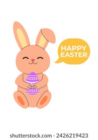 Cute Easter bunny with Easter egg and speech bubble. Happy Easter lettering. Greeting card, flyer, invitation, background. Easter spring holidays. Eggs hunt. 