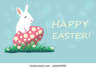 Cute Easter Bunny and Egg vector illustration. Spring greeting card with Happy Easter writing. 