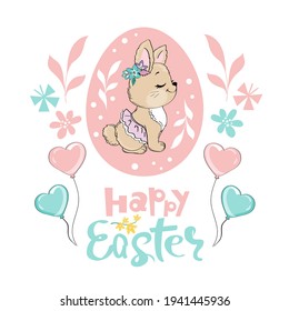 Cute Easter bunny and easter egg. Vector illustration isolated. Spring greeting card