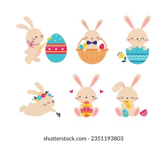 Cute Easter Bunny with Egg Vector Illustration Set