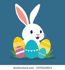 Cute Easter Bunny with Eggs Art Illustration
