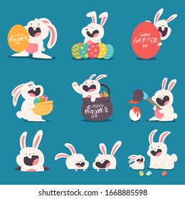 Cute Easter bunny with eggs and basket vector cartoon characters set isolated on background.