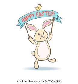 Cute Easter Bunny with eggs for easter card. Cartoon Rabbit isolated on white. Vector illustration