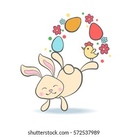 Cute Easter Bunny with eggs, carrot, chicken and flowers for baby shower or easter card. Cartoon Rabbit isolated on white. Vector illustration