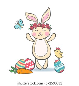 Cute Easter Bunny with eggs, carrot, chicken and butterfly for baby shower or easter card. Cartoon Rabbit isolated on white. Vector illustration