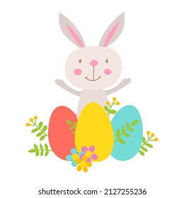 Cute Easter bunny  with eggs. Cartoon vector illustration. Happy easter card. Ideal for invitation, poster, greeting card, sticker.