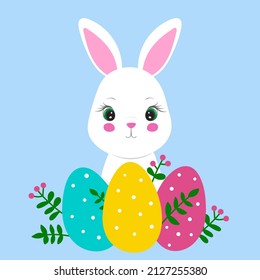 Cute Easter bunny with eggs. Cartoon vector illustration. Happy easter card. Ideal for invitation, poster, greeting card, sticker, print, web site.