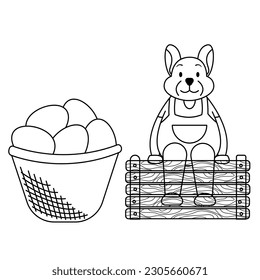 Cute easter bunny and eggs. Cartoon vector illustration. Suitable for coloring book.