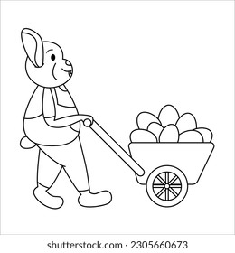 Cute easter bunny and eggs. Cartoon vector illustration. Suitable for coloring book.