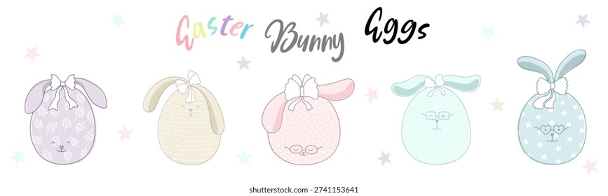 Cute Easter Bunny Eggs, designed in pastel colors, perfect for Easter-themed decorations, card designs, digital prints, stickers, scrapbooks, paper patterns, craft, fabric patterns and more.
