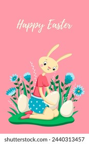 Cute Easter bunny, eggs, flowers, plants. Happy easter. Template for card, textile, banner, poster, paper. Vector illustration in modern style