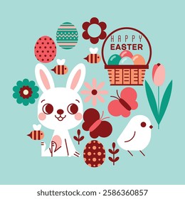 Cute Easter Bunny with Eggs, Flowers, and Spring Elements. Happy Easter Vector Illustration.