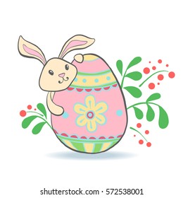 Cute Easter Bunny with eggs and flowers for baby shower or easter card. Cartoon Rabbit isolated on white. Vector illustration