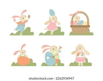 Cute Easter Bunny with Eggs in the Garden Vector Set