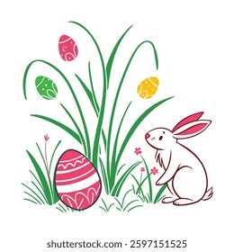Cute Easter Bunny with Eggs in Grassy Meadow