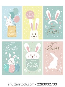 Cute Easter Bunny with eggs . Greeting card, holiday poster, cartoon children's style, vector.	
