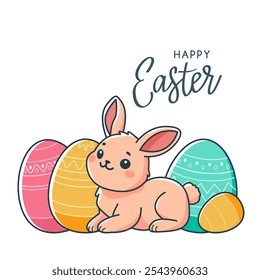 Cute easter bunny with easter eggs.
greeting card with hand lettering Happy Easter. vector isolated illustration