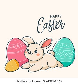 Cute easter bunny with easter eggs.
greeting card with hand lettering Happy Easter. vector isolated illustration