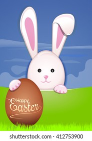 Cute Easter bunny with Easter eggs. Easter greeting card. Vector illustration