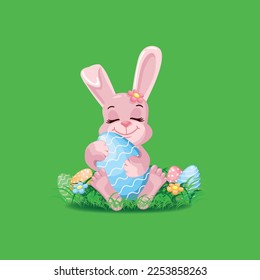 Cute easter bunny with easter eggs. Happy Easter. Vector illustration in cartoon style.