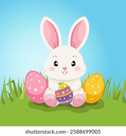 Cute Easter bunny with eggs, Happy Easter greeting card.