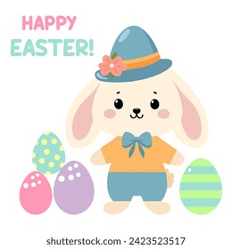 Cute Easter bunny with Easter eggs illustration in flat style and isolated on white. Easter rabbit clipart for kids	