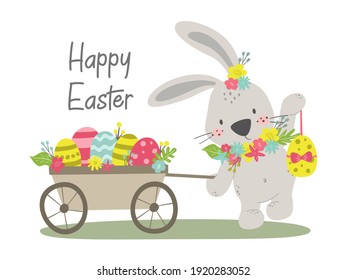 Cute Easter Bunny with eggs isolated on a white background. Happy Easter greeting card. Vector illustration.