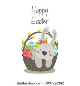 Cute Easter Bunny with eggs isolated on a white background. Happy Easter greeting card. Vector illustration.