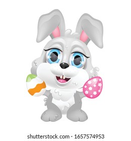 Cute Easter bunny with eggs kawaii cartoon vector character. Adorable and funny animal isolated sticker, patch. Eggs hunting symbol. Anime baby happy rabbit, smiling hare emoji on white background