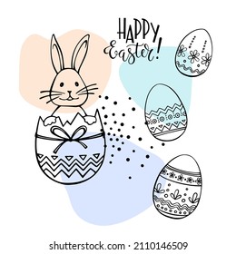 Cute Easter Bunny, eggs and Easter lettering as design elements for Greeting cards. Hand drawn cartoon style. Colorful Vector illustration on abstract blobs background. 