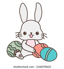 Cute Easter Bunny with eggs. Cute little illustration of rabbit for kids, baby book, fairy tales, covers, baby shower invitation, textile t-shirt. Vector illustration of a cute animal.