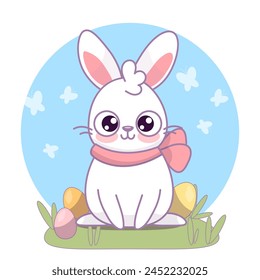 Cute Easter bunny with eggs, modern flat vector character