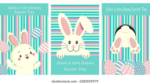 Cute Ostersonne mit Eiern auf gestreiftem Hintergrund. Grußkartenset, Urlaubsposter, Karikatur-Kinderstil, Vektorgrafik.	