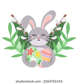 Cute easter bunny with eggs and pussy-willow in flat cartoon style.