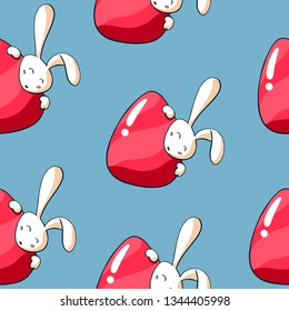 Cute easter bunny with eggs seamless pattern. Doodle rabbit with easter egg on blue background. Easter background with cute bunny character. 