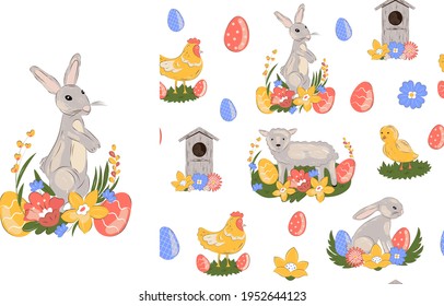 Cute Easter bunny with eggs, sheep, birdhouse in vintage style. Set of vector seamless patterns and illustrations. Holiday wrapping paper. Vector illustration