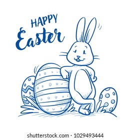 Cute easter Bunny with easter eggs and typography for easter greeting cards. Hand drawn doodle vector illustration.