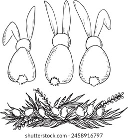 Cute easter Bunny with easter eggs and typography for easter greeting cards. Hand drawn doodle vector illustration.