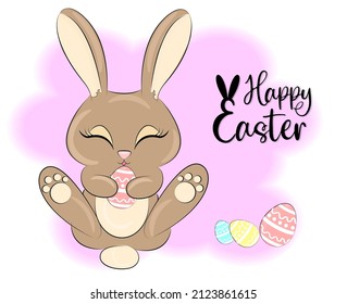 Cute Easter Bunny with Eggs, Wish Card, Textile Print, Gift Wrapping Decoration. Vector illustration